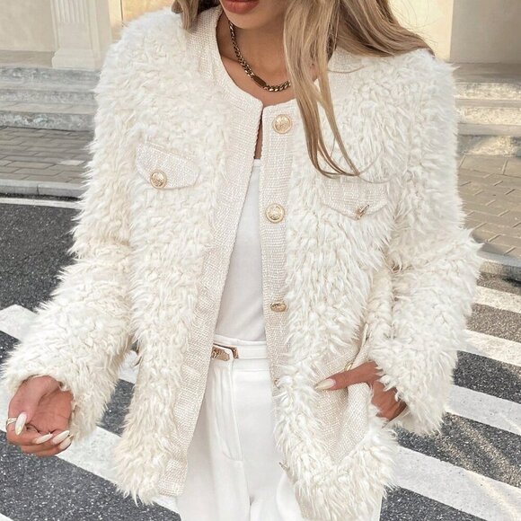 Jackets & Blazers - Women's Button Down Faux Fur Crew Neck Tweed Pocketed Jacket